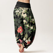 Buddha Stones Vibrant Blooming Lotus Flower Lush Branches Women's Elastic Waist Harem Pants Women's Harem Pants BS 2