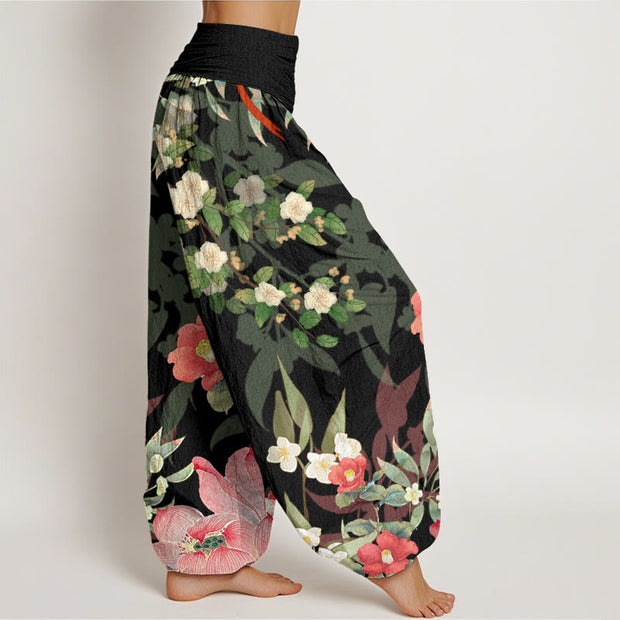 Buddha Stones Vibrant Blooming Lotus Flower Lush Branches Women's Elastic Waist Harem Pants Women's Harem Pants BS 1