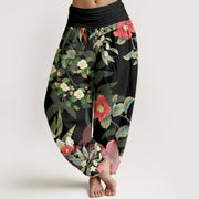 Buddha Stones Vibrant Blooming Lotus Flower Lush Branches Women's Elastic Waist Harem Pants Women's Harem Pants BS Black US22，UK/AU26，EU54 (6XL)