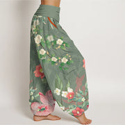 Buddha Stones Vibrant Blooming Lotus Flower Lush Branches Women's Elastic Waist Harem Pants