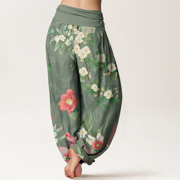 Buddha Stones Vibrant Blooming Lotus Flower Lush Branches Women's Elastic Waist Harem Pants Women's Harem Pants BS 6