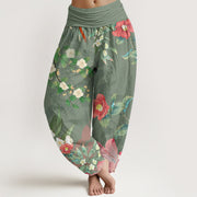 Buddha Stones Vibrant Blooming Lotus Flower Lush Branches Women's Elastic Waist Harem Pants Women's Harem Pants BS DarkSeaGreen US22，UK/AU26，EU54 (6XL)