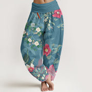 Buddha Stones Vibrant Blooming Lotus Flower Lush Branches Women's Elastic Waist Harem Pants