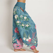 Buddha Stones Vibrant Blooming Lotus Flower Lush Branches Women's Elastic Waist Harem Pants