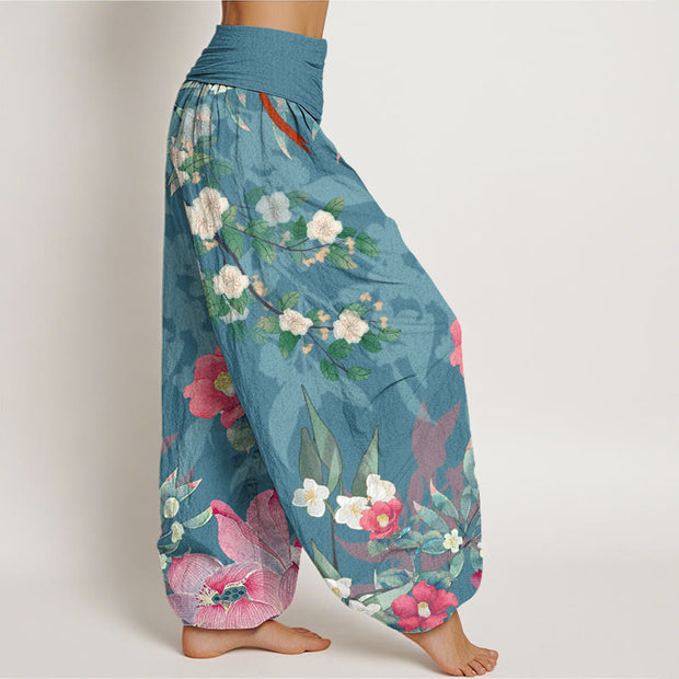 Buddha Stones Vibrant Blooming Lotus Flower Lush Branches Women's Elastic Waist Harem Pants Women's Harem Pants BS 8