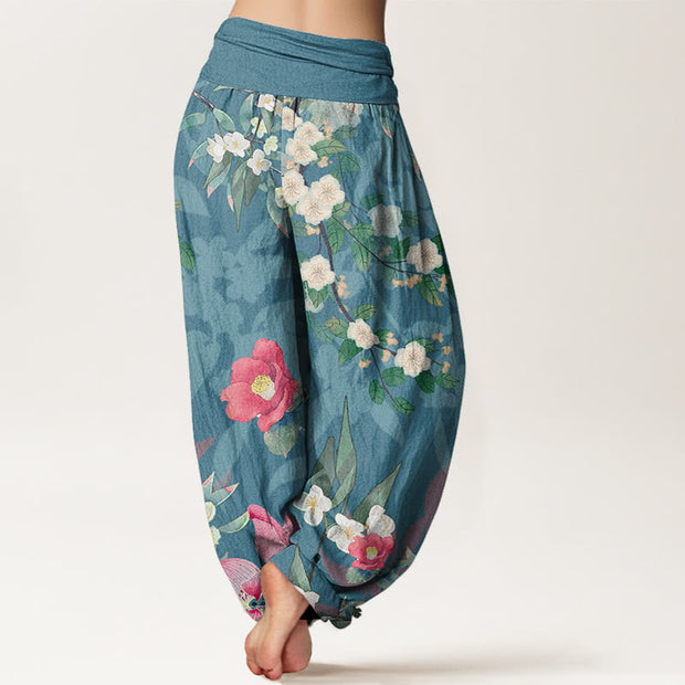 Buddha Stones Vibrant Blooming Lotus Flower Lush Branches Women's Elastic Waist Harem Pants Women's Harem Pants BS 9