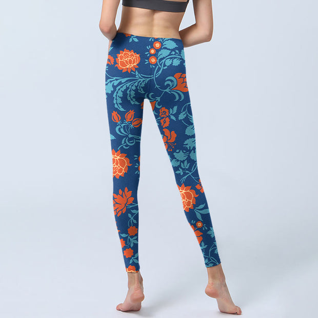 Buddha Stones Steel Blue Red Tulips Flowers Leaves Print Gym Leggings Women's Yoga Pants - image 7