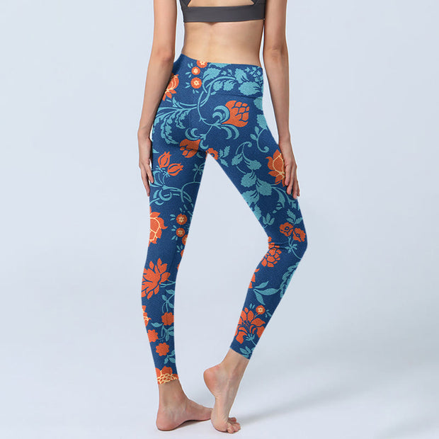 Buddha Stones Steel Blue Red Tulips Flowers Leaves Print Gym Leggings Women's Yoga Pants - image 5