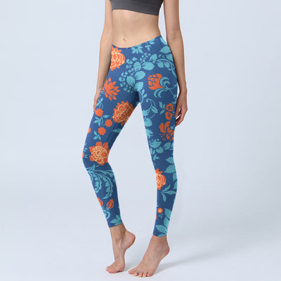 Buddha Stones Steel Blue Red Tulips Flowers Leaves Print Gym Leggings Women's Yoga Pants - SteelBlue - US18，UK/AU22，EU50 (4XL) - image 1
