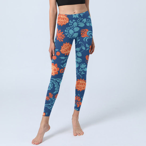 Buddha Stones Steel Blue Red Tulips Flowers Leaves Print Gym Leggings Women's Yoga Pants