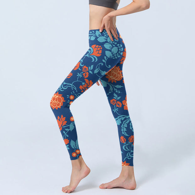 Buddha Stones Steel Blue Red Tulips Flowers Leaves Print Gym Leggings Women's Yoga Pants - image 3