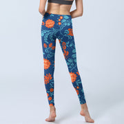 Buddha Stones Steel Blue Red Tulips Flowers Leaves Print Gym Leggings Women's Yoga Pants