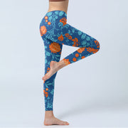 Buddha Stones Steel Blue Red Tulips Flowers Leaves Print Gym Leggings Women's Yoga Pants