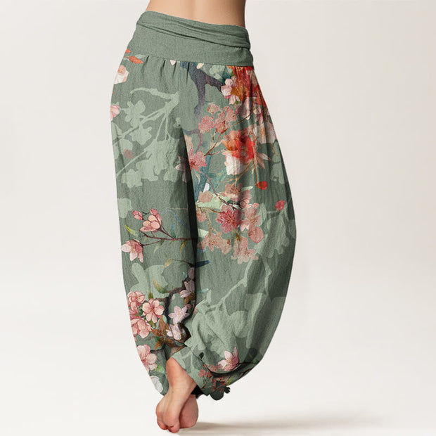 Buddha Stones Red Pink Blooming Flowers Lush Branches Women's Elastic Waist Harem Pants Women's Harem Pants BS 2