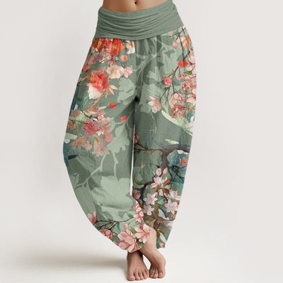 Buddha Stones Red Pink Blooming Flowers Lush Branches Women's Elastic Waist Harem Pants Women's Harem Pants BS DarkSeaGreen US22，UK/AU26，EU54 (6XL)