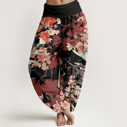 Buddha Stones Red Pink Blooming Flowers Lush Branches Women's Elastic Waist Harem Pants Women's Harem Pants BS Black US22，UK/AU26，EU54 (6XL)