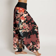 Buddha Stones Red Pink Blooming Flowers Lush Branches Women's Elastic Waist Harem Pants Women's Harem Pants BS 5