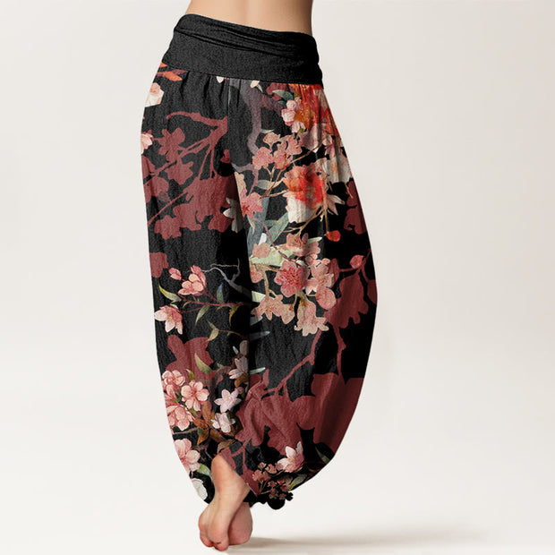 Buddha Stones Red Pink Blooming Flowers Lush Branches Women's Elastic Waist Harem Pants Women's Harem Pants BS 6