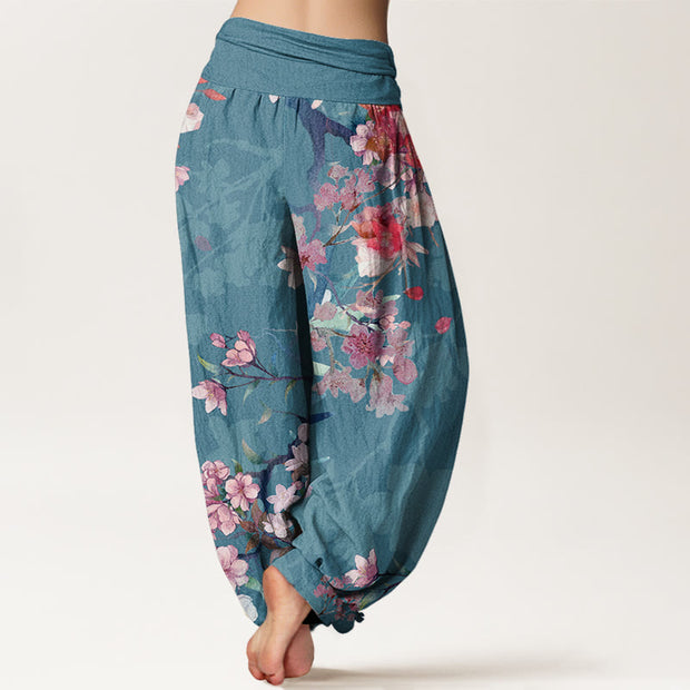 Buddha Stones Red Pink Blooming Flowers Lush Branches Women's Elastic Waist Harem Pants Women's Harem Pants BS 9