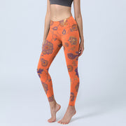 Buddha Stones Orange Maple Leaves Flowers Print Gym Leggings Women's Yoga Pants