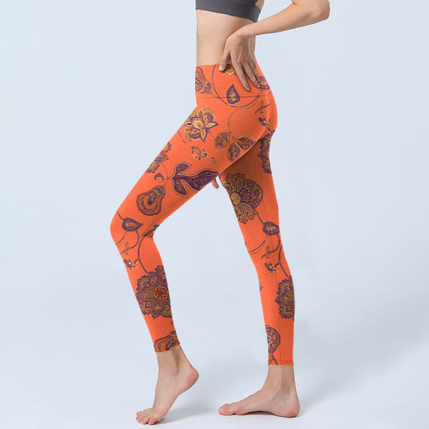 Buddha Stones Orange Maple Leaves Flowers Print Gym Leggings Women's Yoga Pants