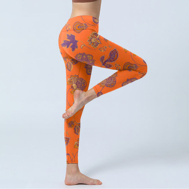 Buddha Stones Orange Maple Leaves Flowers Print Gym Leggings Women's Yoga Pants