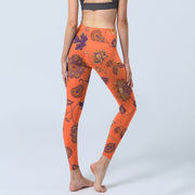 Buddha Stones Orange Maple Leaves Flowers Print Gym Leggings Women's Yoga Pants