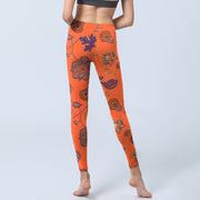 Buddha Stones Orange Maple Leaves Flowers Print Gym Leggings Women's Yoga Pants