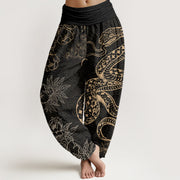 Buddha Stones Snake Lotus Women's Elastic Waist Harem Pants Women's Harem Pants BS Black US22，UK/AU26，EU54 (6XL)