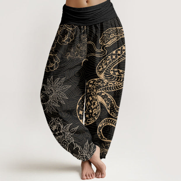 Buddha Stones Snake Lotus Women's Elastic Waist Harem Pants