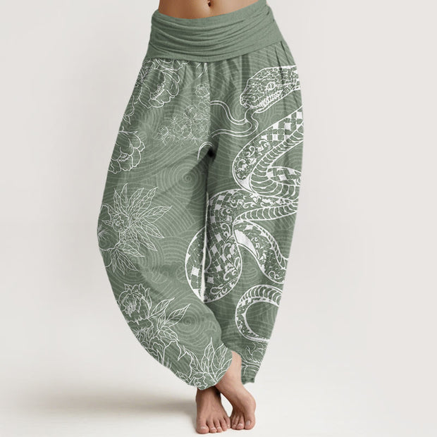 Buddha Stones Snake Lotus Women's Elastic Waist Harem Pants Women's Harem Pants BS DarkSeaGreen US22，UK/AU26，EU54 (6XL)