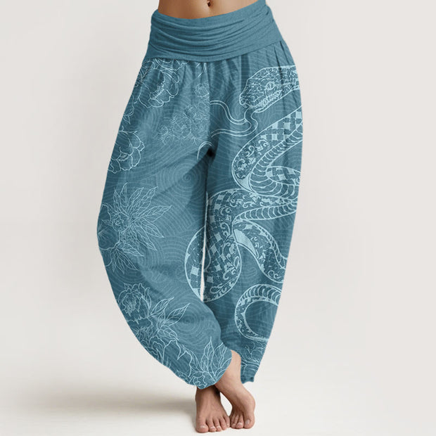 Buddha Stones Snake Lotus Women's Elastic Waist Harem Pants Women's Harem Pants BS DarkCyan US22，UK/AU26，EU54 (6XL)