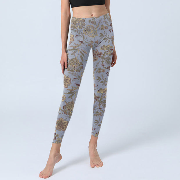 Buddha Stones Grey Green Leaves Flowers Print Gym Leggings Women's Yoga Pants