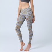 Buddha Stones Grey Green Leaves Flowers Print Gym Leggings Women's Yoga Pants