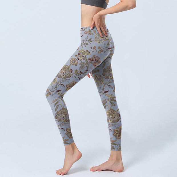 Buddha Stones Grey Green Leaves Flowers Print Gym Leggings Women's Yoga Pants