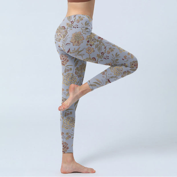 Buddha Stones Grey Green Leaves Flowers Print Gym Leggings Women's Yoga Pants