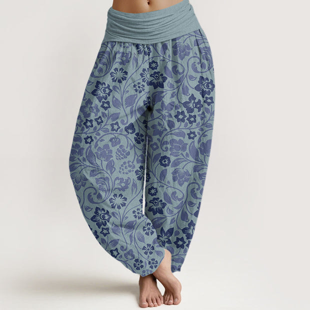 Buddha Stones Small Flowers Intertwining Branches Women's Elastic Waist Harem Pants Women's Harem Pants BS SteelBlue US22，UK/AU26，EU54 (6XL)