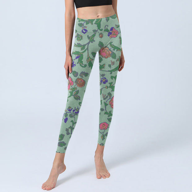 Buddha Stones Green Red Roses Green Leaves Print Gym Leggings Women's Yoga Pants