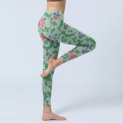 Buddha Stones Green Red Roses Green Leaves Print Gym Leggings Women's Yoga Pants