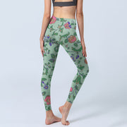 Buddha Stones Green Red Roses Green Leaves Print Gym Leggings Women's Yoga Pants - image 5