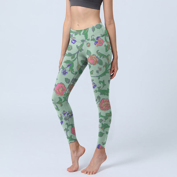 Buddha Stones Green Red Roses Green Leaves Print Gym Leggings Women's Yoga Pants - DarkSeaGreen - US18，UK/AU22，EU50 (4XL) - image 1