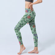 Buddha Stones Green Red Roses Green Leaves Print Gym Leggings Women's Yoga Pants