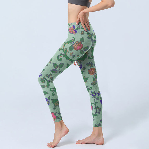 Buddha Stones Green Red Roses Green Leaves Print Gym Leggings Women's Yoga Pants