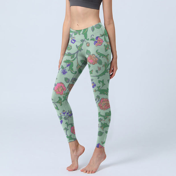 Buddha Stones Green Red Roses Green Leaves Print Gym Leggings Women's Yoga Pants