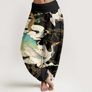 Buddha Stones Flying Cranes Auspicious Clouds Tree women's Elastic Waist Harem Pants