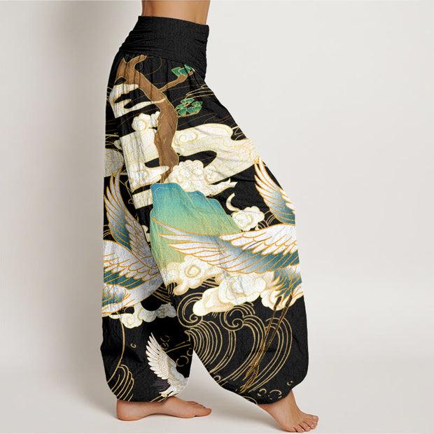 Buddha Stones Flying Cranes Auspicious Clouds Tree women's Elastic Waist Harem Pants Women's Harem Pants BS 1