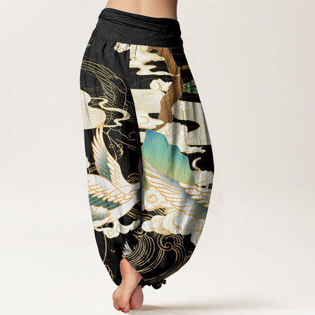 Buddha Stones Flying Cranes Auspicious Clouds Tree women's Elastic Waist Harem Pants