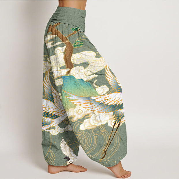 Buddha Stones Flying Cranes Auspicious Clouds Tree women's Elastic Waist Harem Pants Women's Harem Pants BS 5