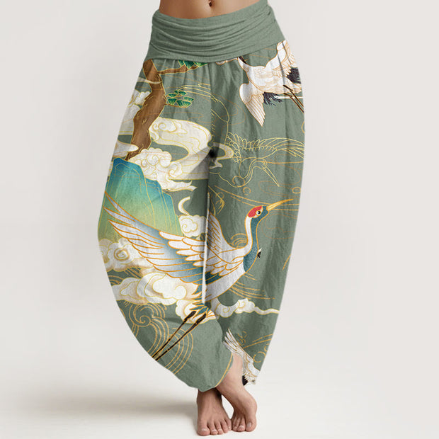 Buddha Stones Flying Cranes Auspicious Clouds Tree women's Elastic Waist Harem Pants Women's Harem Pants BS DarkSeaGreen US22，UK/AU26，EU54 (6XL)