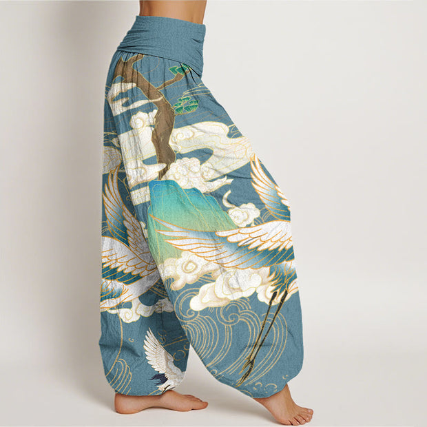 Buddha Stones Flying Cranes Auspicious Clouds Tree women's Elastic Waist Harem Pants Women's Harem Pants BS 8